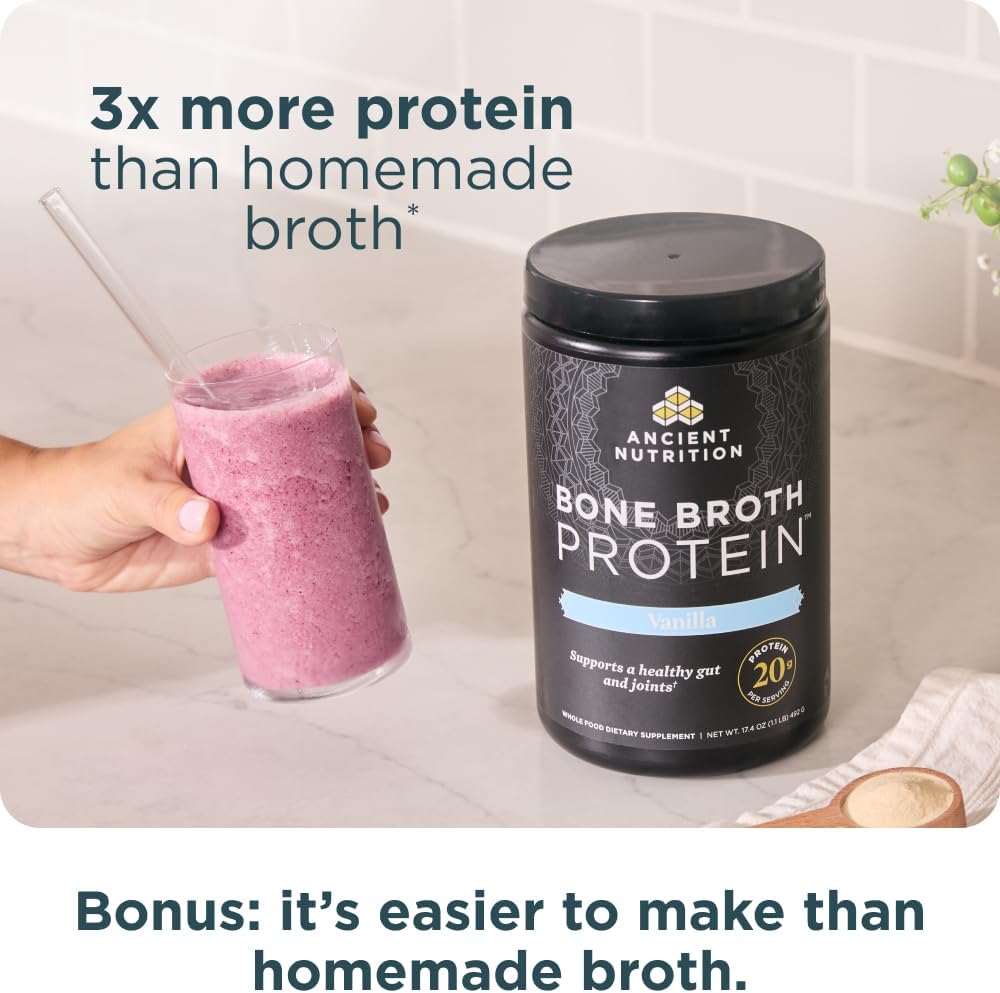 Ancient Nutrition Grass Fed Bone Broth Protein Powder, Vanilla