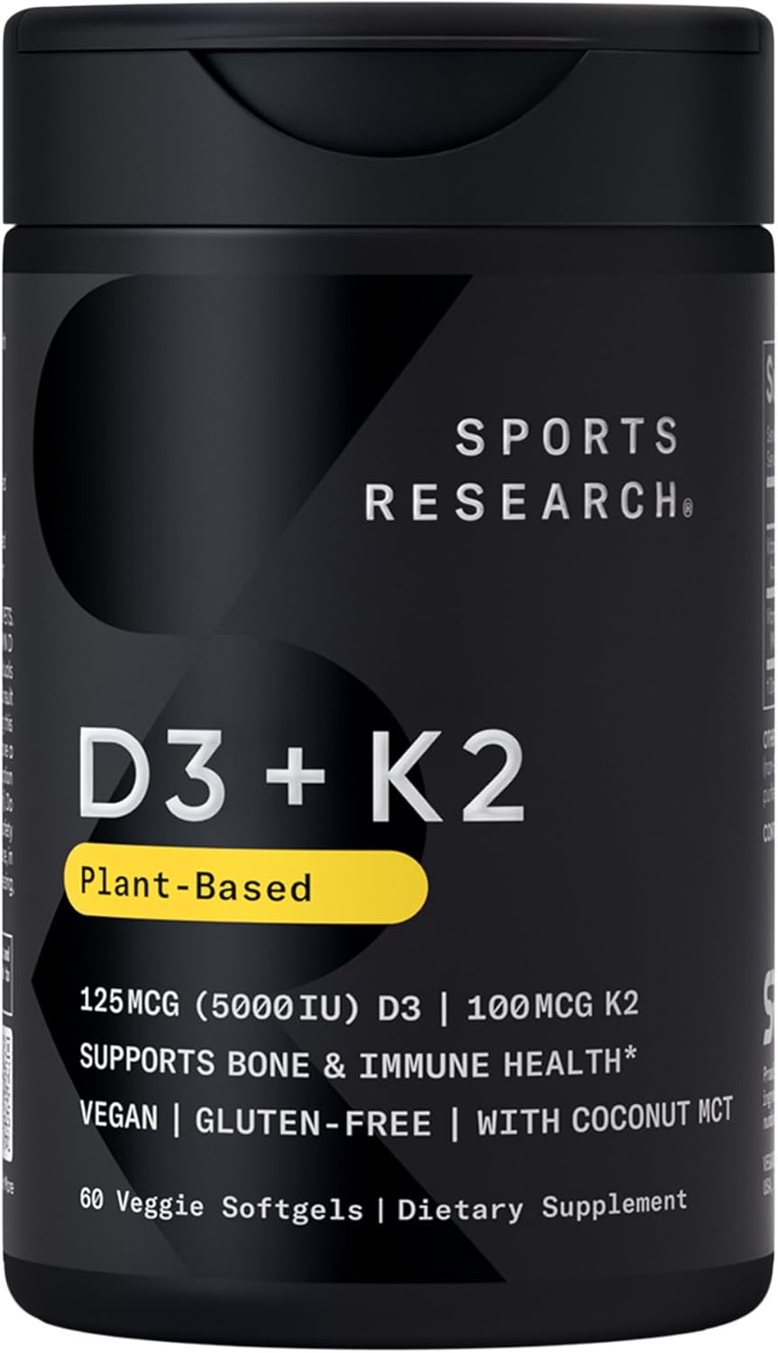 Sports Research® Vitamin D3 + K2 w/ Coconut Oil - Vegan Vitamin D 5000iu & Mk7 Vitamin K 100mcg for Bone & Immune Support - Vegan Certified · Non-GMO · Soy Free - 60 Softgels