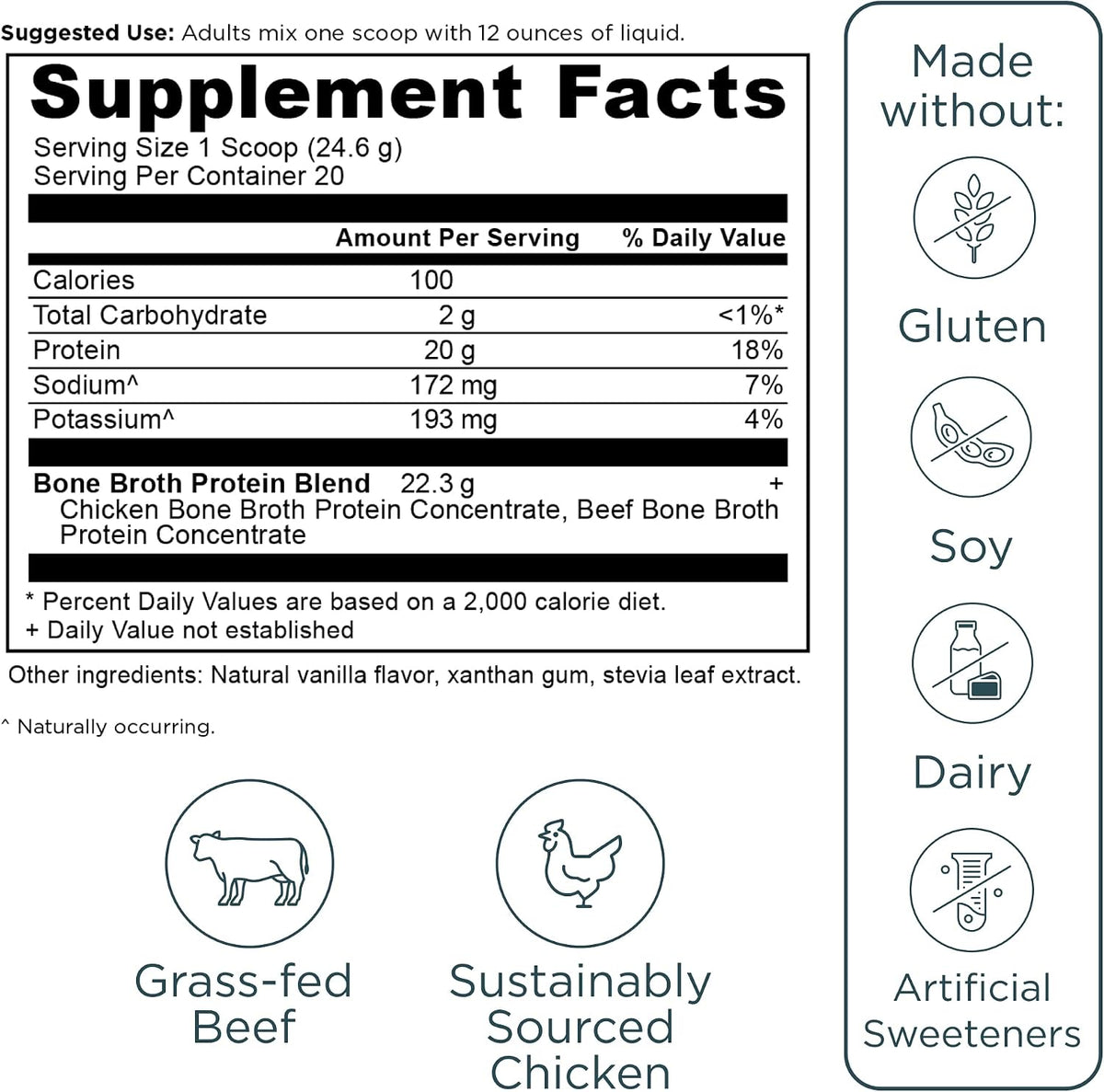 Ancient Nutrition Grass Fed Bone Broth Protein Powder, Vanilla