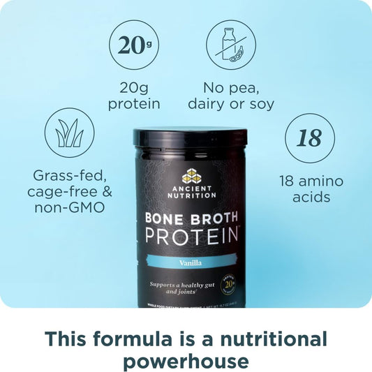 Ancient Nutrition Grass Fed Bone Broth Protein Powder, Vanilla