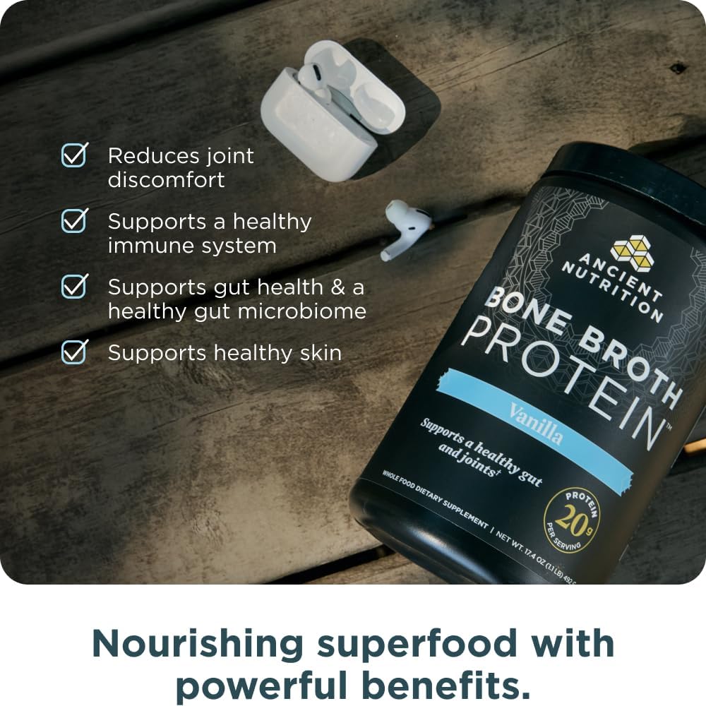 Ancient Nutrition Grass Fed Bone Broth Protein Powder, Vanilla