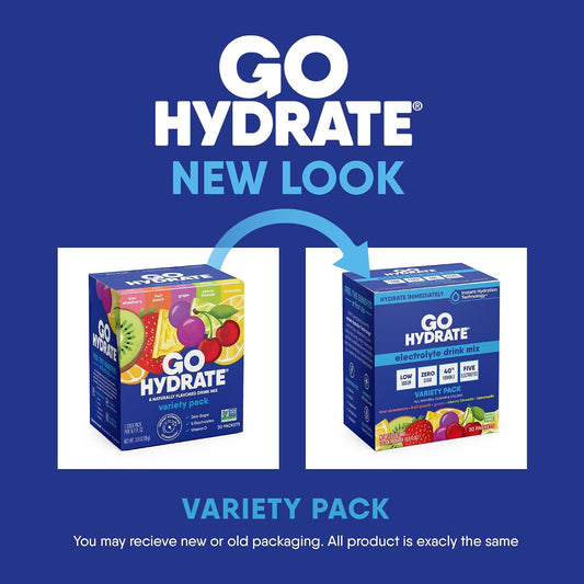 GoHydrate Low Sodium Electrolytes Powder Packets Sugar Free - Instant Hydration Daily Drink Mix - Zero Sugar Water Flavor Packet Singles with Vitamin D - (Variety Pack, 30 Packs)