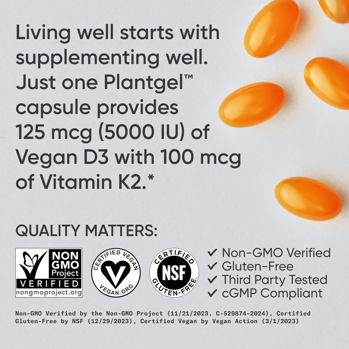 Sports Research® Vitamin D3 + K2 w/ Coconut Oil - Vegan Vitamin D 5000iu & Mk7 Vitamin K 100mcg for Bone & Immune Support - Vegan Certified · Non-GMO · Soy Free - 60 Softgels