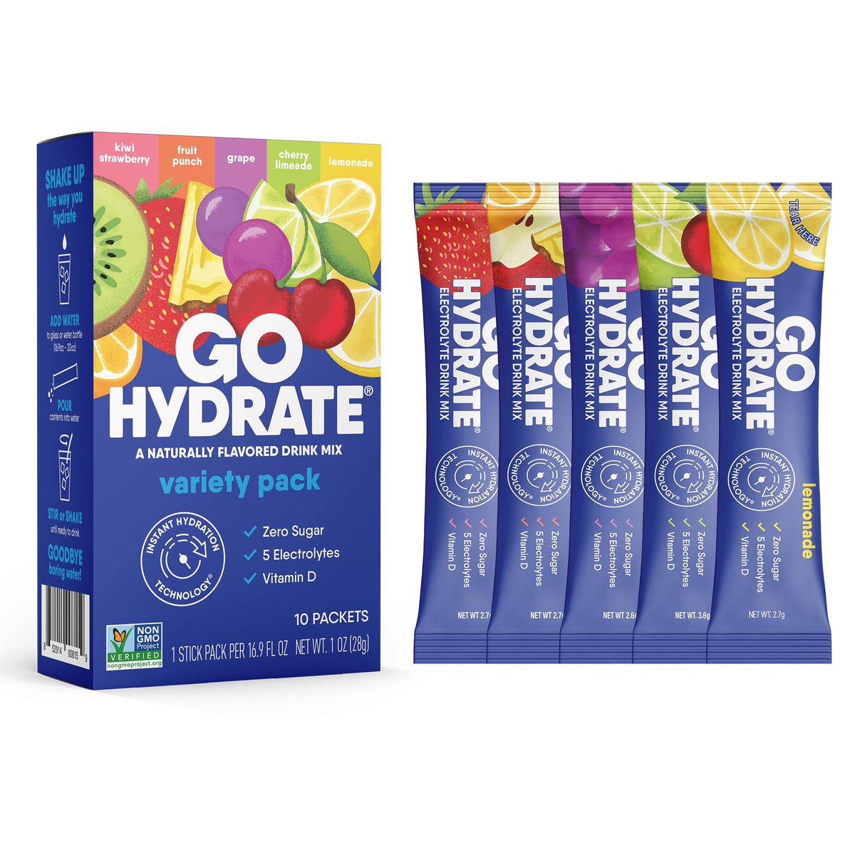 GoHydrate Low Sodium Electrolytes Powder Packets Sugar Free - Instant Hydration Daily Drink Mix - Zero Sugar Water Flavor Packet Singles with Vitamin D - (Variety Pack, 30 Packs)