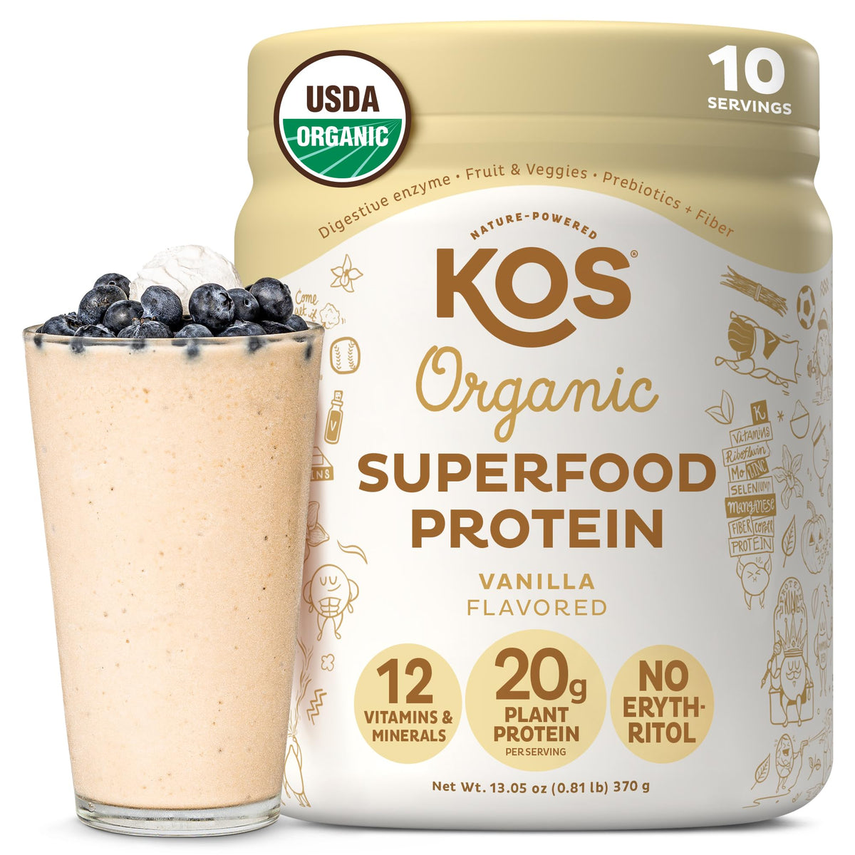 KOS Vegan Protein Powder Erythritol Free, Vanilla USDA Organic - Pea Protein Blend, Plant Based Superfood Rich in Vitamins & Minerals - Keto, Dairy Free - Meal Replacement for Women & Men, 28 Servings