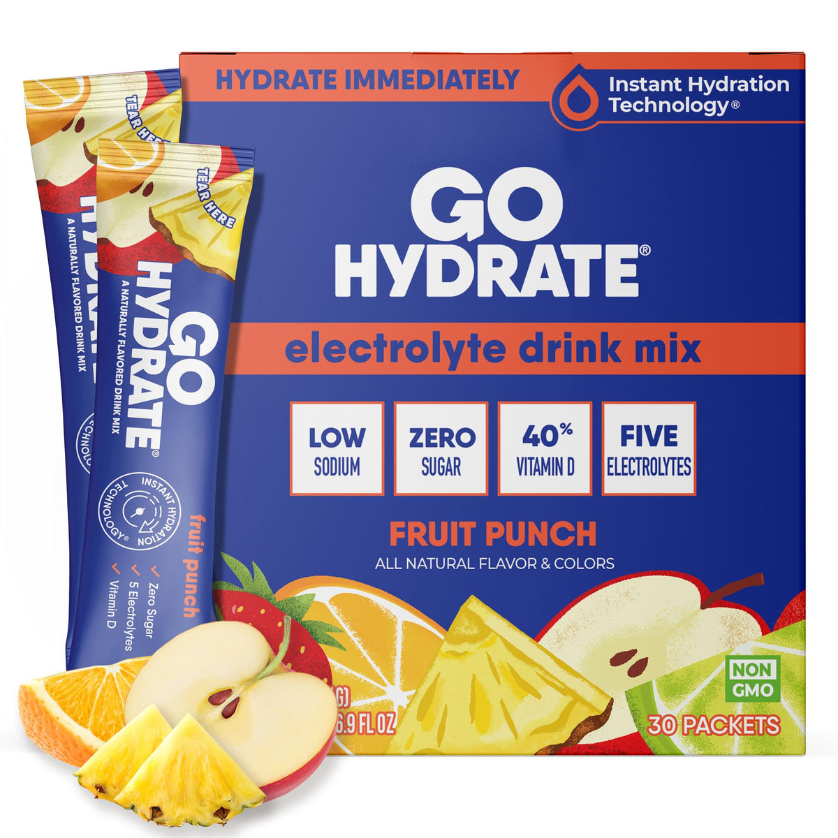GoHydrate Low Sodium Electrolytes Powder Packets Sugar Free - Instant Hydration Daily Drink Mix - Zero Sugar Water Flavor Packet Singles with Vitamin D - (Variety Pack, 30 Packs)