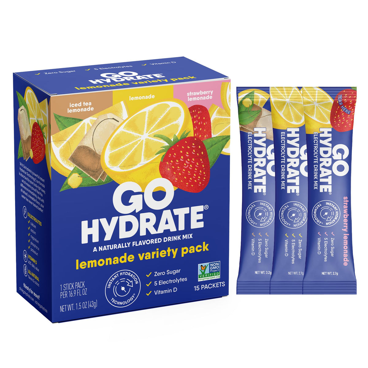 GoHydrate Low Sodium Electrolytes Powder Packets Sugar Free - Instant Hydration Daily Drink Mix - Zero Sugar Water Flavor Packet Singles with Vitamin D - (Variety Pack, 30 Packs)