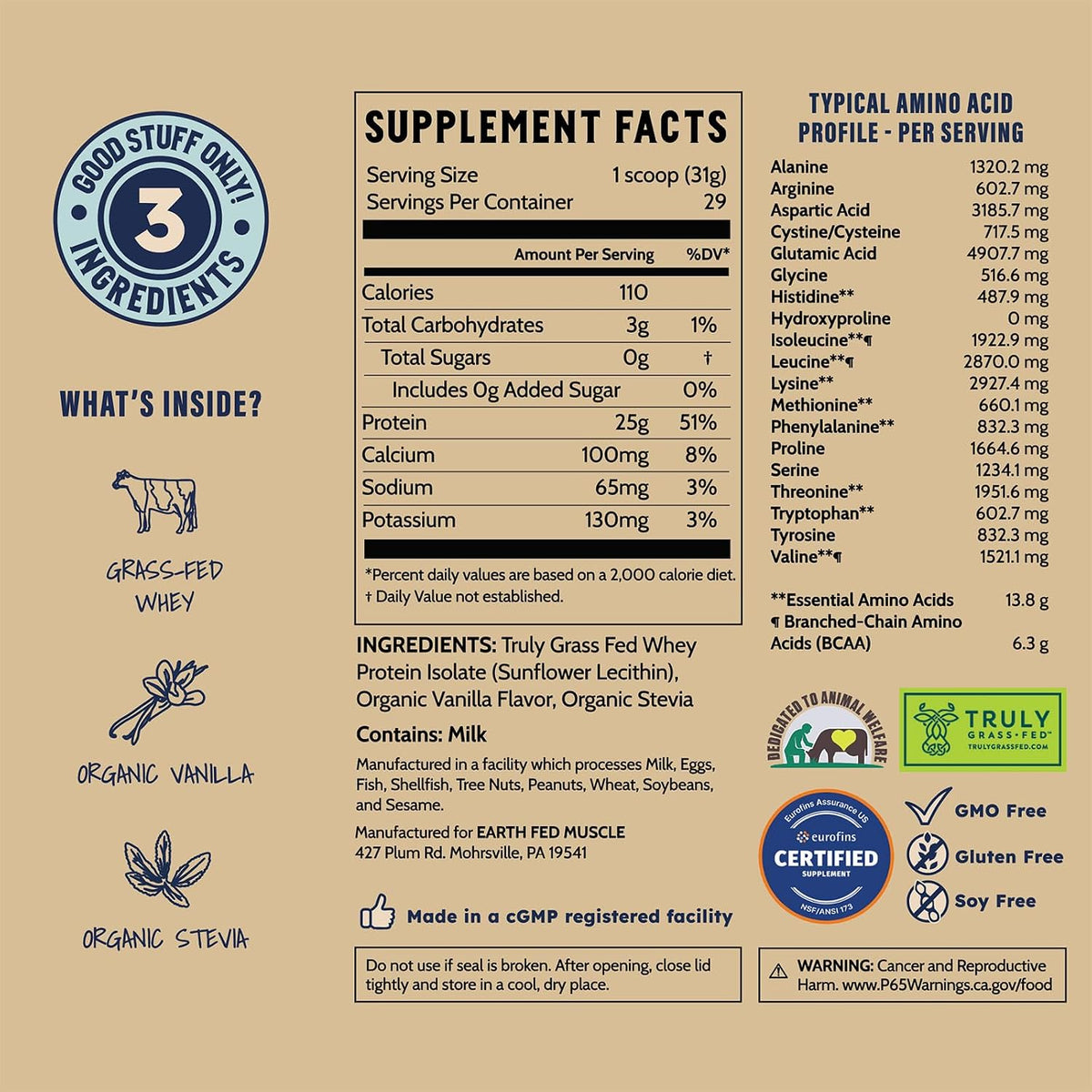 Earth Fed Muscle Whey Back Vanilla Irish Grass Fed Whey Protein Isolate
